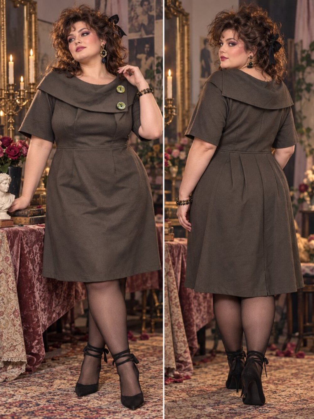 eShakti Asymmetric Shawl Collar Button Dress Dark Brown Size 20W 2X